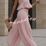 Dreamy Crinkle Chiffon Lace Trim Tank and High Rise Loose Lantern Pants Set