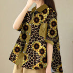 Plus Size Navy Peter Pan Collar Print Cotton Shirt Tops Summer
