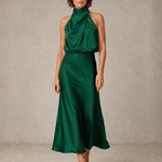 Sabine | Teal Satin Draped Halter-Neck Midi Dress