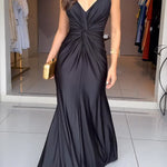 Glow Together Satin Knot Design Shoulder Strap Sleeveless Drape Slit Maxi Dress