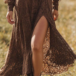 Elegant Brown Lace Front Slit Long Sleeve Maxi Dress