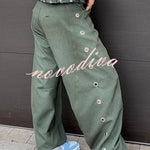 Kadence Denim Side Metal Hollow Ring Detail Pocket Lantern Pants