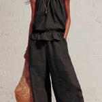 Linen Blend Round Neck Sleeveless Ruffled Top and Elastic Waist Casual Pocket Wide-leg Pants Set
