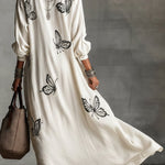 Butterfly Print V-Neck Long Sleeve Loose Casual Maxi Dress
