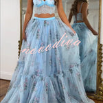 Vita Floral Satin Bow Lace Back Lace-up Crop Tank and Tulle High Rise A-line Maxi Skirt Set