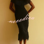 Solid Color V-neck Off-shoulder Slim-fit Tassel Midi Dress