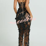Sienna Floral Embroidered Fabric Off Shoulder Mermaid Silhouette Slit Maxi Dress