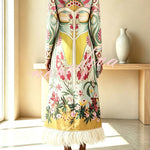 Cecilia Satin Colorful Baroque Style Printed Long Sleeve Feather Trim Maxi Dress