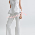 Devon Lapel Button Up Sleeveless Pleated Waist Flare Hem Shirt