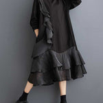 A-Line Long Sleeves Contrast Color Pockets Ruffle Trim Split-Joint V-Neck Midi Dresses