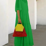 Loose Plus Size Mesh Pleated Solid Color Split-Joint Mock Neck Maxi Dresses Two Pieces Set