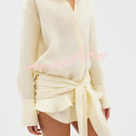 Solid Color Collared Long-sleeved Casual Shirt Style Lace Up Vacation Mini Dress