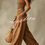 Olive Gypsy  pleated crop top and high-waisted wide-leg pants set