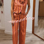 City Outfit Colorful Stripes Button Up Vest and Elastic Waist Pocket Loose Pants Set