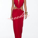 Athena Metal-Link Cutout Design Back Lace-up Drape Maxi Dress