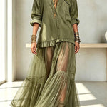 Retro-style Faux Denim Long Sleeve Pocket Tulle Hem Shirt Maxi Dress