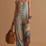 Vacation Retro Bohemian Print Chiffon Sleeveless Wide-Leg Jumpsuit