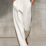 Vintage-Trimmed White Knitted Mesh Short-Sleeved Shirt And Wide-Leg Pants Set