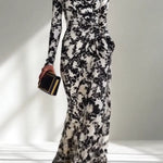 Black and White Color-blocked Printed Long-sleeved Pocket Slim-fit Pleated Maxi Dress