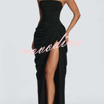 Cyra Back Lace-up Asymmetrical Pleats Strapless Slit Maxi Dress
