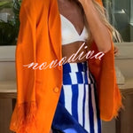 Chic Day Button Up Feather Trim Long Sleeve Pocketed Lapel Blazer