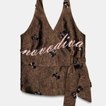 Stylish Sequined Halter Neck Backless Cross Tie Top