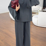 High Level Striped High Neck Long Slit Sleeve Top and Elastic Waist Pocket Loose Pants Set