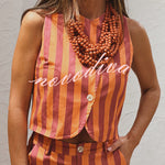 City Outfit Colorful Stripes Button Up Vest and Elastic Waist Pocket Loose Pants Set