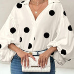 Stylish Polka Dot Print Collared Puff Sleeve Loose Shirt