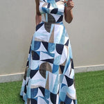 A-Line High Waisted Contrast Color Pleated Pockets Round-Neck Maxi Dresses
