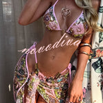 Stylish Sequined Metal Decoration Halter Neck Tie Stretch Bikini Swimsuit and Beach Cover-up Mini Skirt Three-piece Set