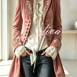 Royal Style Velvet Embroidery Long Sleeve Napoleon Button-down Lapel Coat