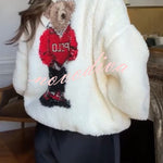 Cute Bear Print Colorblock High-Pile Fleece Zipper High Neck Long Sleeve Pocket Sweatshirts