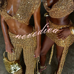 Gold Coast Knit Sequin Fabric Short Sleeve Crop Top and Adjustable Beaded Waist Loose Pants Set