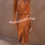 Stunning Fawn Print Contrast Color Satin Lace Trim Mid Rise Maxi Skirt