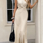 Solid Color Round Neck Sleeveless Hollowed-out Waist Knot Casual Maxi Dress