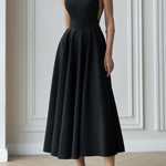 Solid Color Halter Neck Bow Tie Elegant Waist-cinching Midi Dress
