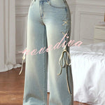Fashionable Denim Mid Rise Side Ribbon Lace-up Pocket Wide Leg Jeans