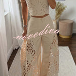 Sienna Embroidered Cut-Out Palazzo Pants Two-Piece Set