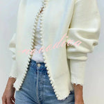 Elegant Chic Knit Pearls Trim Long Sleeve Relaxed Cardigan
