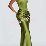 Ella Satin Detachable Asymmetric Off Shoulder Drape Panel Back Lace-up Maxi Dress