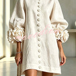 Rima Linen Blend Flowers Button Down Floral Cuffs Half Sleeve Mini Dress