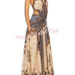 Chapel Linen Blend Floral Print Cutout Tie-up Waist Pocket Halter Backless Maxi Dress