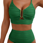 Solid Color V-neck Hollowed-out Pleated High Waist Stretch Two-Piece Bikini Swimsuit