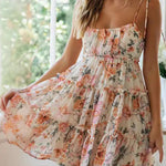 A-Line Loose Flower Print Layered Pleated Split-Joint Tied Spaghetti-Neck Mini Dresses