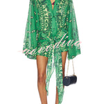 Sulena Linen Blend Ethnic Print Button Up Long Bell Sleeve Warp Tie-up Mini Dress
