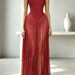 Hot, Sexy Babe Solid Color Off Shoulder Tassel Hem Maxi Dress