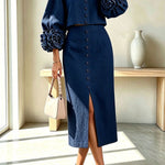 Linen Blend Flowers Buttons Floral Cuffs Sleeve Top and Elastic Waist Pocket Midi Skirt Set