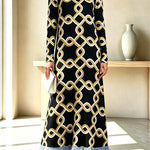 Cecilia Satin Colorful Baroque Style Printed Long Sleeve Feather Trim Maxi Dress