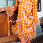 Playful and Cute Satin Polka Dot Print Half Sleeve Feather Trim H-line Mini Dress